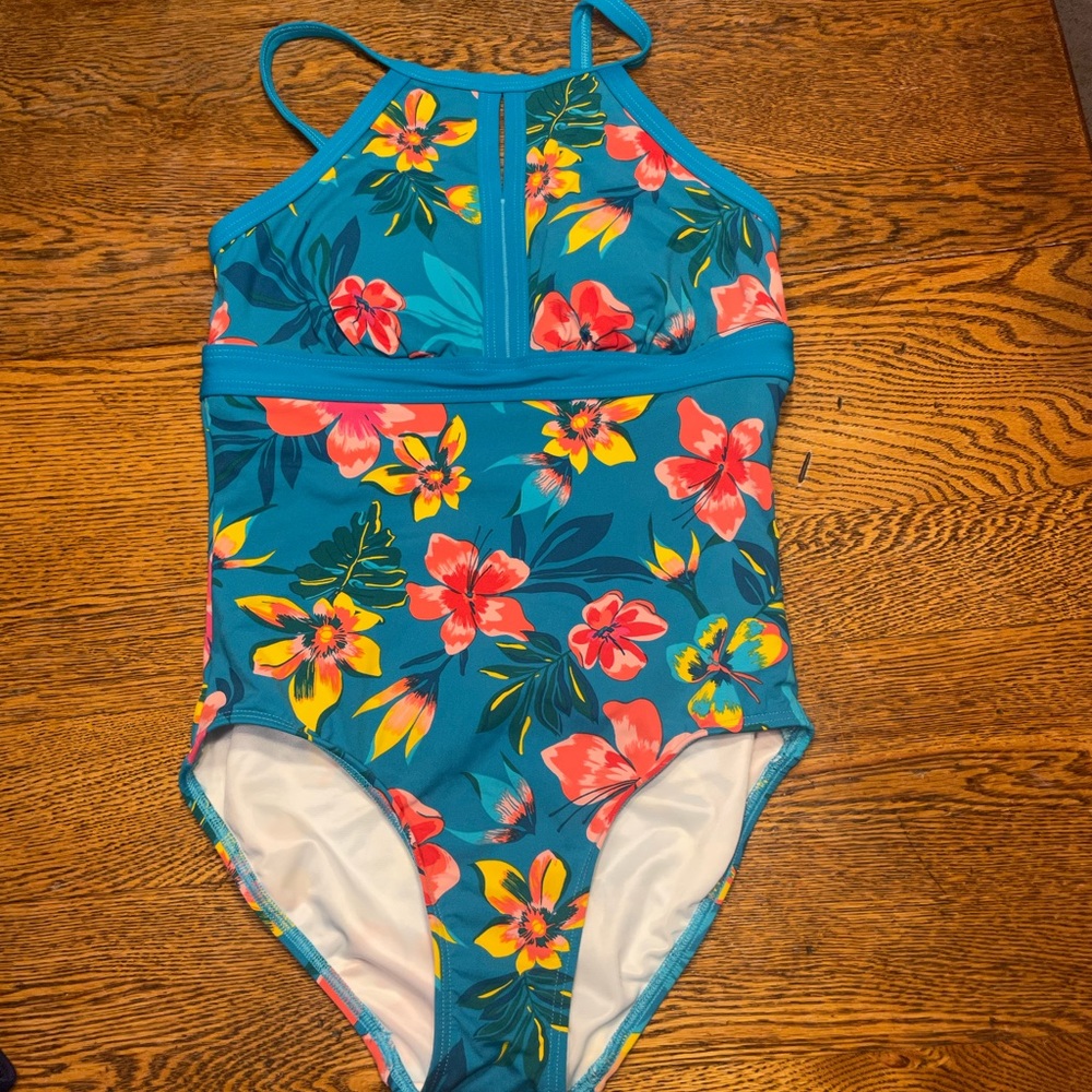 Lands End Keyhole Swim Bathing Suit Tankini Top Modest Teal Floral Sz 4